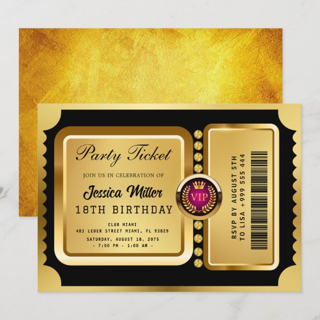 Golden Party Ticket Invitation (Devant / Derrière)