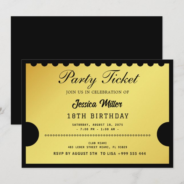 Golden Party Ticket Invitation (Front/Back)