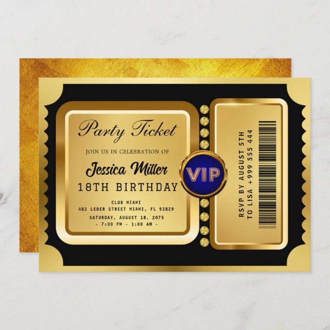 Golden Party Ticket Invitation (Front/Back)