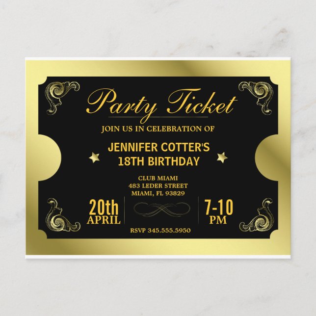 Golden Party Ticket Postcard (Front)