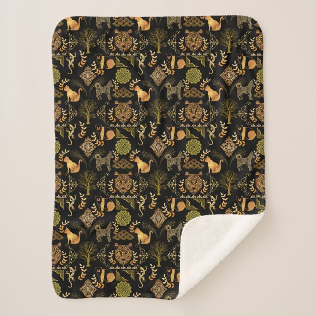 Golden Pattern 03.bw Black BG Sherpa Blanket (Front)