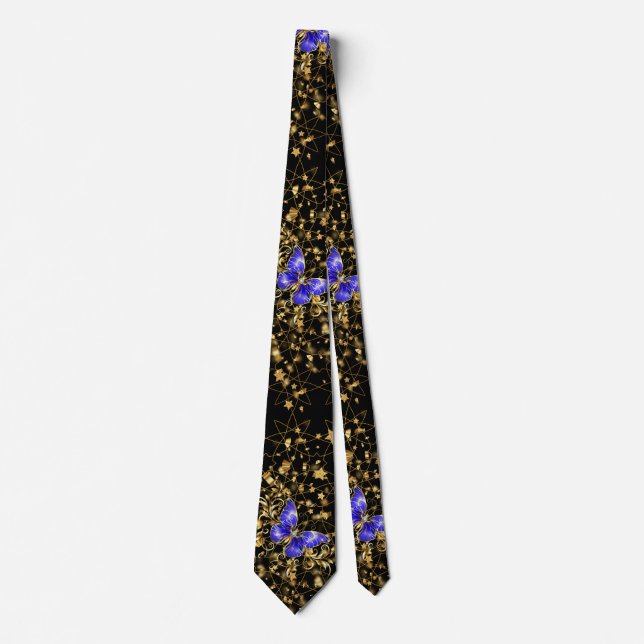 Golden Pattern 14.bw.blue butterfly Black BG Tie (Front)