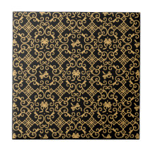 Golden Pattern with Black Background Ceramic Tile