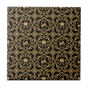 Golden Pattern with Black Background Ceramic Tile