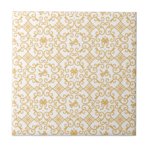 Golden Pattern with White Background Ceramic Tile