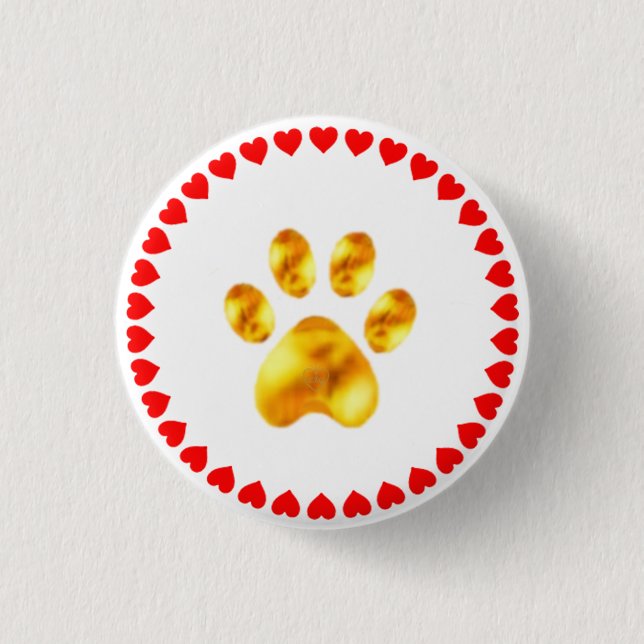 Golden paw and red heart circle on white 1 inch round button (Front)