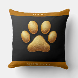 Golden Paw Print Against Black Background Throw Pillow