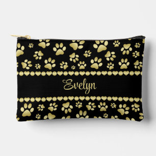 Golden Paw Prints on Black with Custom Name Accessory Pouch