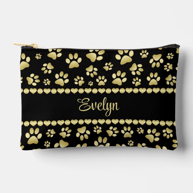 Golden Paw Prints on Black with Custom Name Accessory Pouch (Front)