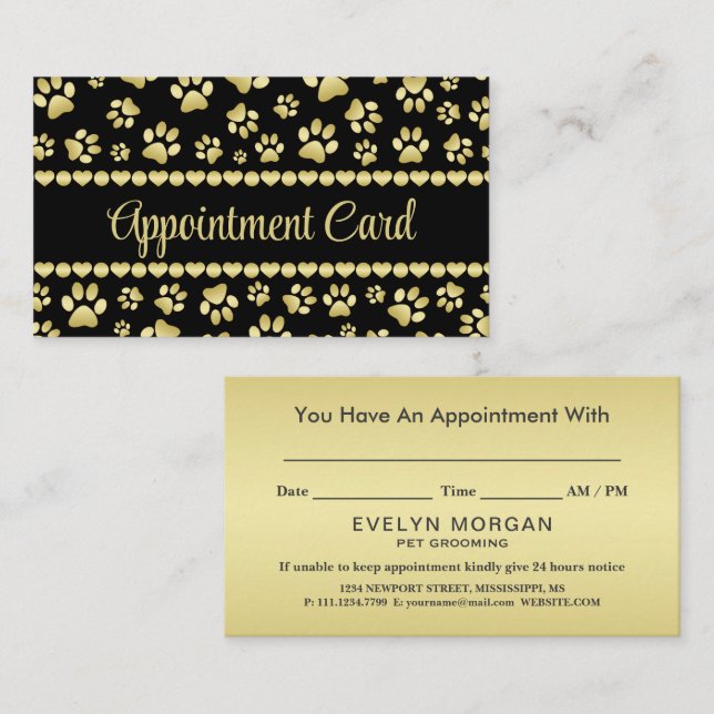 Golden Paw Prints on Black with Custom Name Appointment Card (Front/Back)