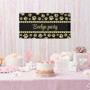 Golden Paw Prints on Black with Custom Name Banner