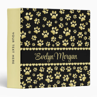 Golden Paw Prints on Black with Custom Name Binder
