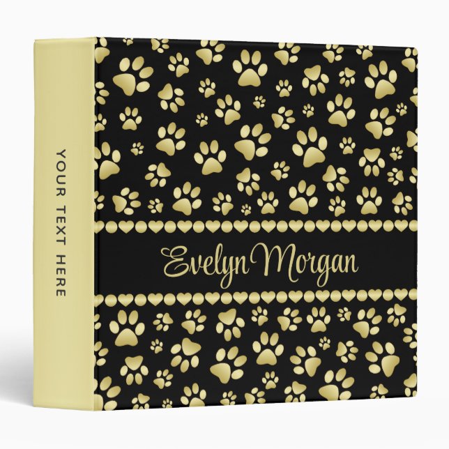 Golden Paw Prints on Black with Custom Name Binder (Front/Spine)