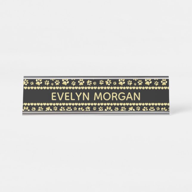 Golden Paw Prints on Black with Custom Name Desk Name Plate (Front)