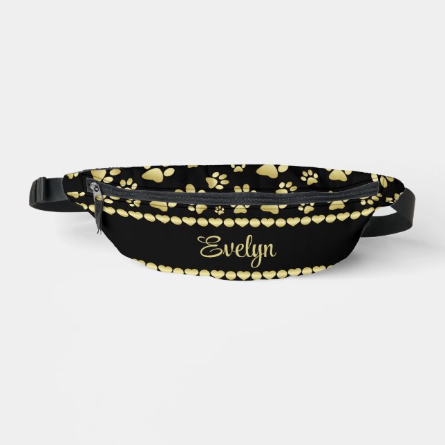 Golden Paw Prints on Black with Custom Name Fanny Pack (Front)