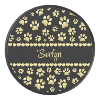 Golden Paw Prints on Black with Custom Name Hockey Puck