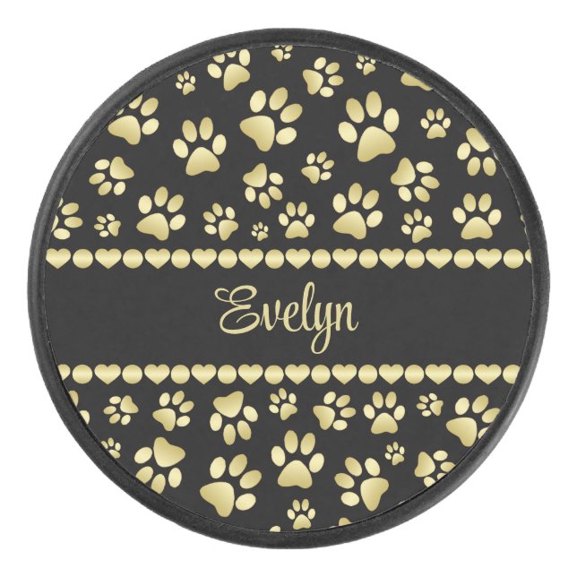 Golden Paw Prints on Black with Custom Name Hockey Puck (Front)