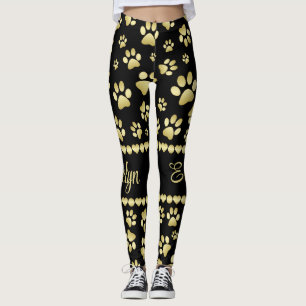 Golden Paw Prints on Black with Custom Name Leggings