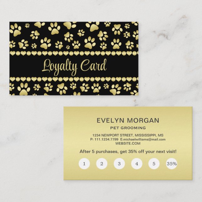 Golden Paw Prints on Black with Custom Name Loyalty Card (Front/Back)