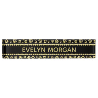Golden Paw Prints on Black with Custom Name Nameplate