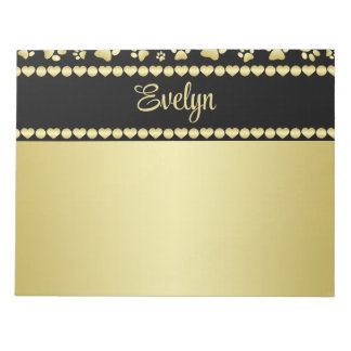 Golden Paw Prints on Black with Custom Name Notepad