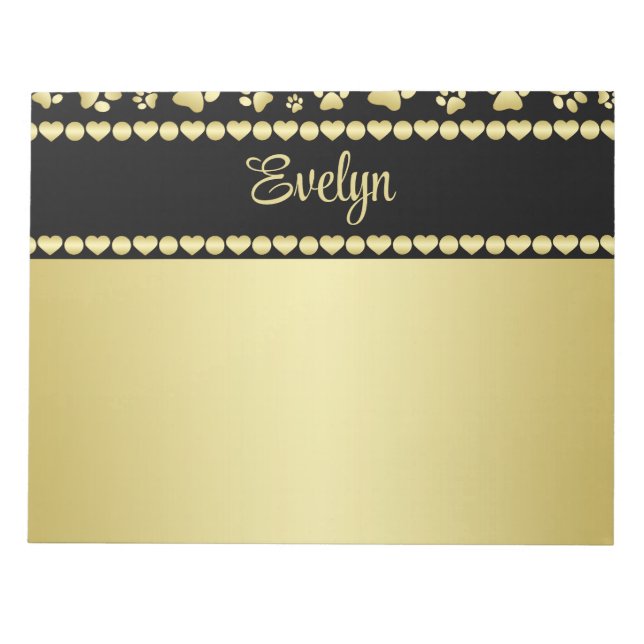 Golden Paw Prints on Black with Custom Name Notepad (Front)