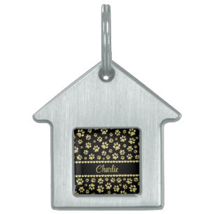 Golden Paw Prints on Black with Custom Name Pet ID Tag