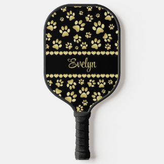Golden Paw Prints on Black with Custom Name Pickleball Paddle