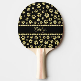 Golden Paw Prints on Black with Custom Name Ping Pong Paddle
