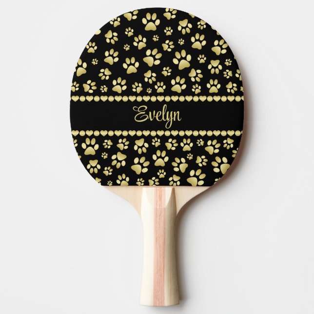 Golden Paw Prints on Black with Custom Name Ping Pong Paddle (Front)