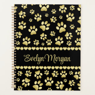 Golden Paw Prints on Black with Custom Name Planner