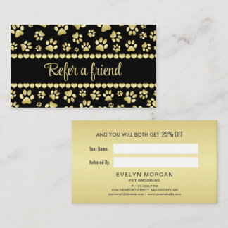 Golden Paw Prints on Black with Custom Name Referral Card