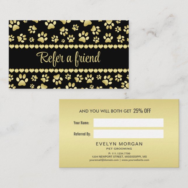 Golden Paw Prints on Black with Custom Name Referral Card (Front/Back)