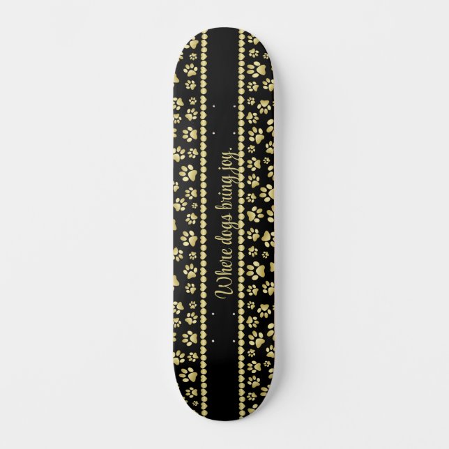 Golden Paw Prints on Black with Custom Name Skateboard (Front)