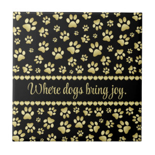 Golden Paw Prints on Black with Custom Name Tile