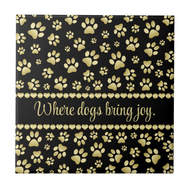 Golden Paw Prints on Black with Custom Name Tile (Front)