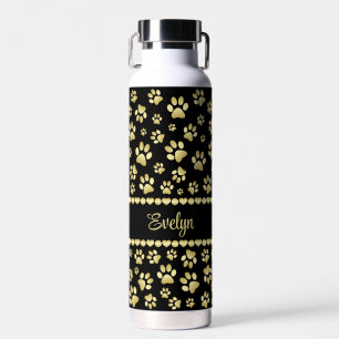 Golden Paw Prints on Black with Custom Name Water Bottle