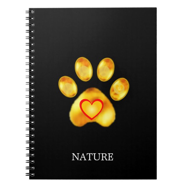 Golden Paw with Heart on Black Notebook (Front)