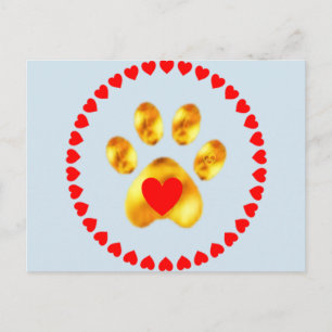 golden paw with hearts postcard