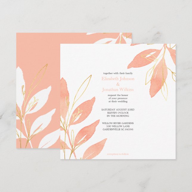 Golden Peach Floral Watercolor Wedding Invitation (Front/Back)
