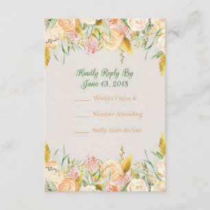 Golden Peach Green Floral Wedding RSVP cards