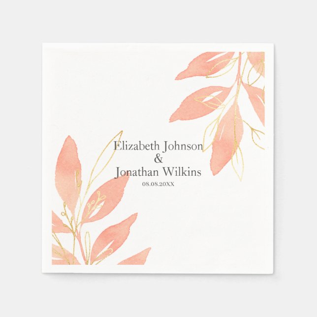 Golden Peach Watercolor Floral Wedding Napkin (Front)