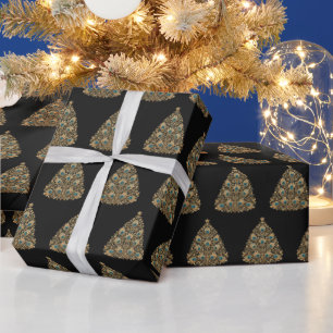 Golden Peacock Christmas Trees Obsidian Night Wrapping Paper