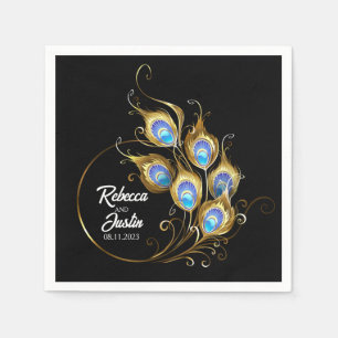 Golden Peacock Feather Black Modern Boho Napkin