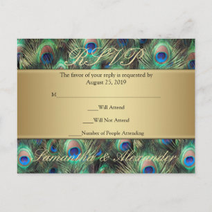 Golden Peacock Feather RSVP Reply Invitation Postcard