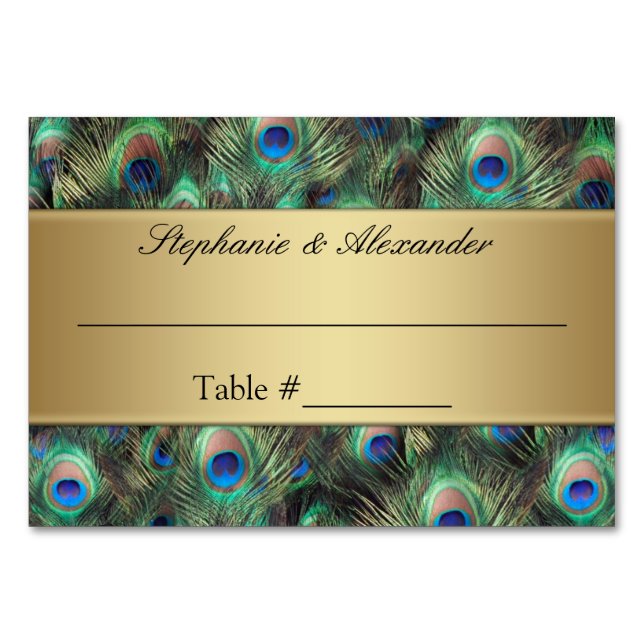Golden Peacock Feather Table Place Name Cards (Front)