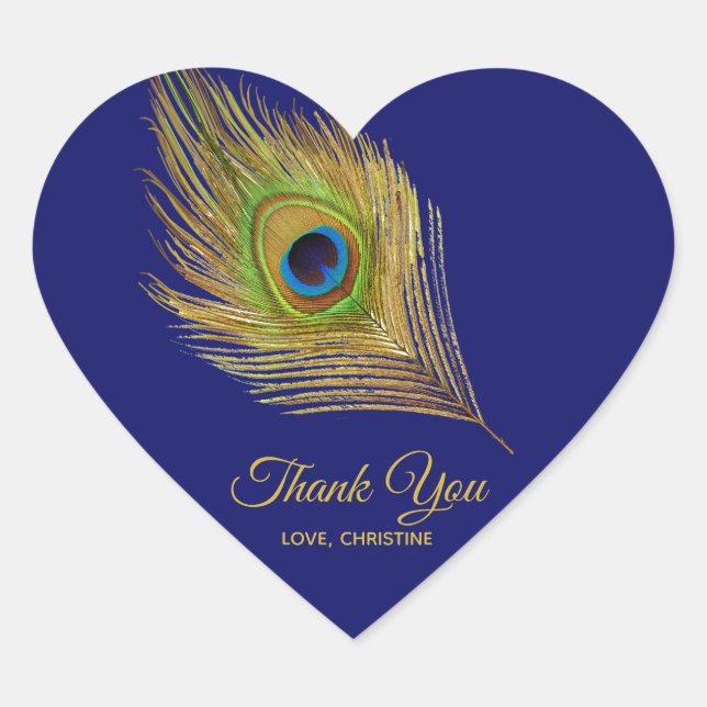 Golden peacock feather Thank You on Navy Blue Heart Sticker (Front)
