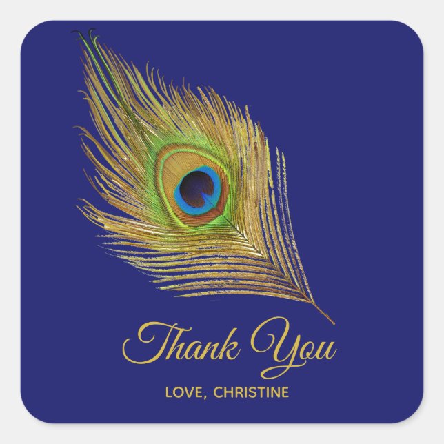 Golden peacock feather Thank You on Navy Blue Square Sticker (Front)