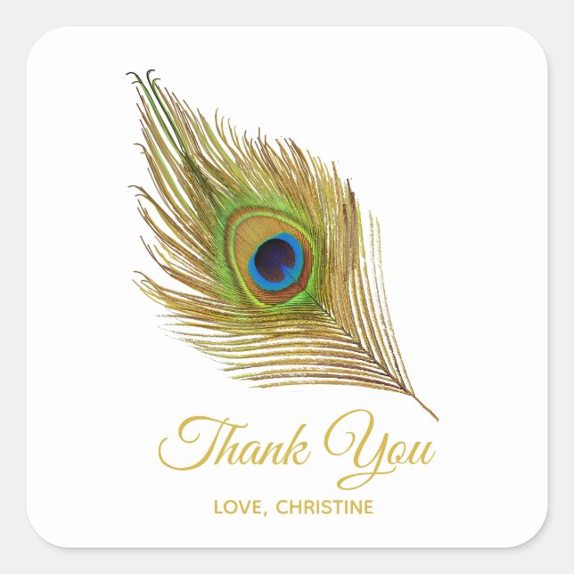 Golden peacock feather Thank You Square Sticker (Front)