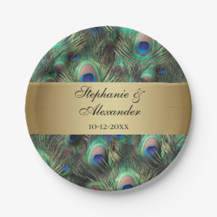 Golden Peacock Feather Wedding Paper Plate